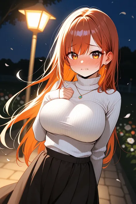  absolutely anatomically correct、 top quality、 masterpiece、Best RAW photos、 beautiful girl、White knit、 turtleneck、Big Breasts、Embarrassed、 morning glow、 superior、Support your chest with your arms、 neat young lady、garden、Swing、dog walking in the background、...