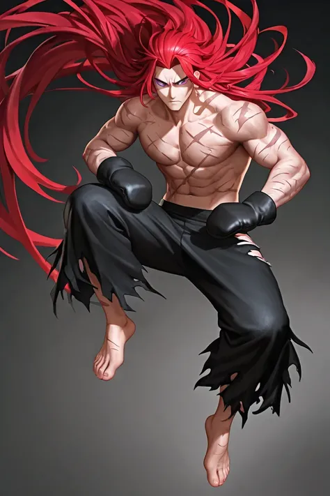  boy,Alone,  battle scenario , shirtless, in a serious face,no beard, scars,  very long hair,red-haired, purple eyes,  black pants,  ripped pants, wide pants,without shoes,  black mittens in Chinese oriental dragon style,high details, HD.