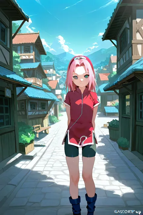 Naruto, 1 girl, Sakura haruno, long hair, standing , flat chested, Loli, town, village, red short sleeve qipao dress with slits along the sides, a zipper with a white circular design, dark green bike shorts