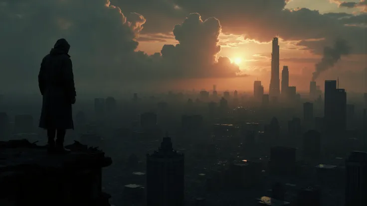 A dystopian future unfolds in a dark, gritty cityscape at dusk. A lone figure, shrouded in shadows, stands atop a ruined skyscraper, gazing out upon the desolate landscape. The wind whispers eerie melodies as chaos and destruction spread like a virus. In t...