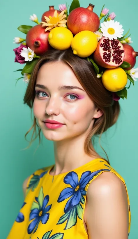 A vibrant and cinematic portrait of a young woman with a whimsical fruit and floral headpiece, blending elements of fashion and nature. The headpiece is adorned with bright yellow lemons, halved pomegranates, and a mix of colorful flowers, including roses,...