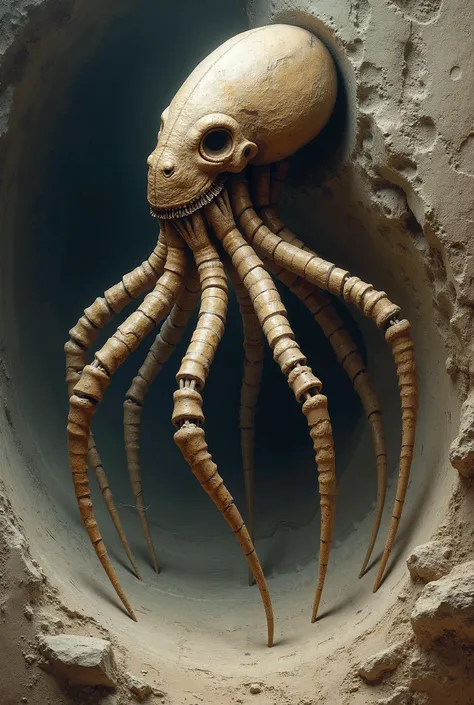 Fossilized skeleton of the same octopus with leg-like bones, paleoart style