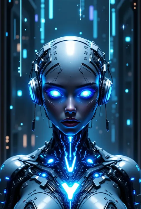 This image is a digital illustration depicting a futuristic, cybernetic human figure. The subject is a female with a smooth, metallic skin tone, and her face is devoid of any visible features, giving her a robotic appearance. Her eyes glow a vibrant blue, ...