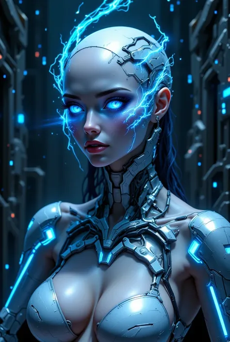 This image is a digital illustration depicting a futuristic, cybernetic human figure. The subject is a female with a smooth, metallic skin tone, and her face is devoid of any visible features, giving her a robotic appearance. Her eyes glow a vibrant blue, ...