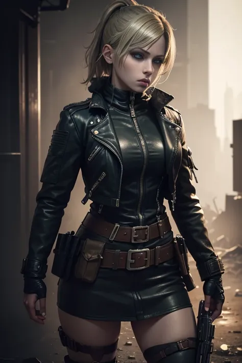 a young woman, ashley dressed as leon from resident evil 4, extremely detailed face and eyes, beautiful detailed lips, long eyelashes, detailed leather jacket and combat boots, detailed assault rifle, detailed post-apocalyptic background, highly detailed, ...