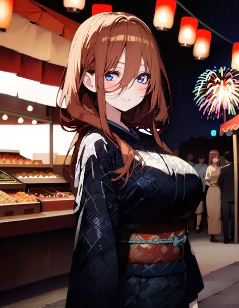 Nakano Future, Alone, long hair, bangs, blue eyes, brown hair, long hair, bangs, blue eyes, brown hair, hair between eyes ,smile,blush,Big Breasts, legs ,Blue flower pattern kimono, side lock, long skirt ,日本のfestival,夏festivalの屋台, red lanterns,Firewo...