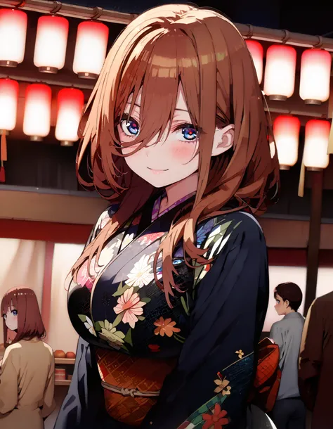 Nakano Future, Alone, long hair, bangs, blue eyes, brown hair, long hair, bangs, blue eyes, brown hair, hair between eyes ,smile,blush,Big Breasts, legs ,Blue flower pattern kimono, side lock, long skirt ,日本のfestival,夏festivalの屋台, red lanterns,Firewo...