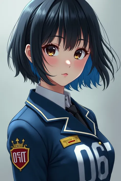 REALISTIC STYLE A GIRL IN THE UNIFORM OF THE GAME OF SQUID WITH THE NUMBER 067 WITH SHORT HAIR AND 14 OR  WITH BLACK AND BLUE HAIR AND WHO IS REALISTIC