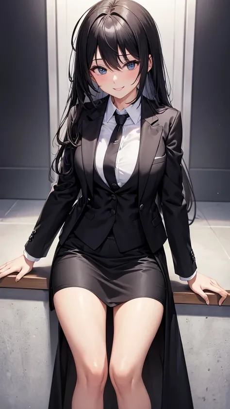 Sexy older sister in a black luxury custom suit　　 tie　　smile　 high resolution　 HD