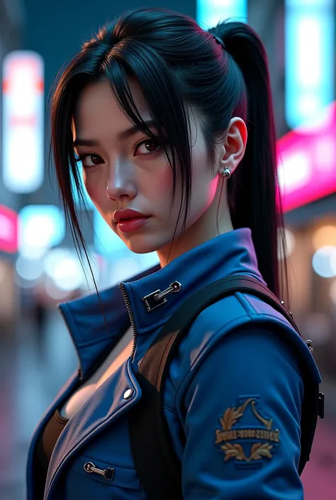 ((Masterpiece)), ((Ultra-detailed, 16K quality)), ((Professional photography)), ((Cinematic portrait lighting)), ((Metal Gear Solid style, realistic textures)), ((Sukajan jacket, embroidered details)), ((Cyberpunk neon city background, bokeh lights)), ((Sh...