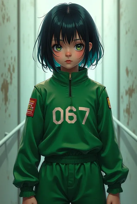 REALISTIC STYLE A GIRL IN THE SQUID GAME UNIFORM WITH THE NUMBER 067 WITH SHORT HAIR AND 14 OR  WITH BLACK AND BLUE HAIR AND WHO IS REALISTIC AND THE GREEN UNIFORM