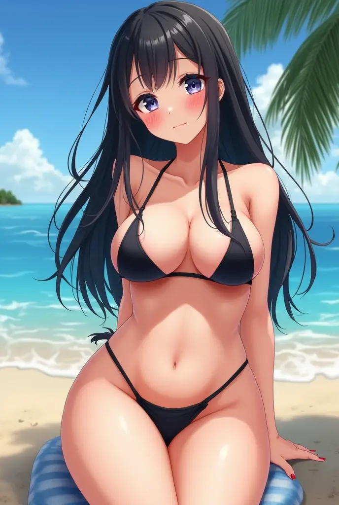 anime, dark blue hair, blue eyes, big boobs, big ass, naked, beach, sex, vaginal sex, cum, big penis, getting fucked