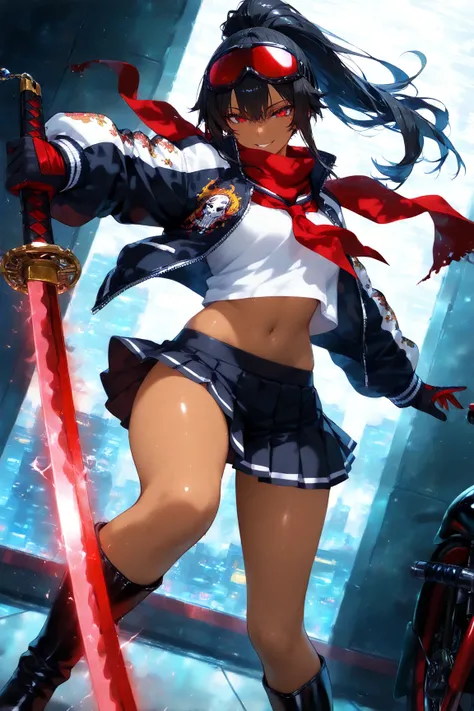 score_9, score_8_up, score_7_up, score_6_up, score_5_up, score_4_up,anime artwork masterpiece,best quality, unreal engine, ultra res, extremely detailed, One Girl,black hair,high ponytail hair,red eyes,tan skin,biker goggles on head,black sailor suit,Red s...