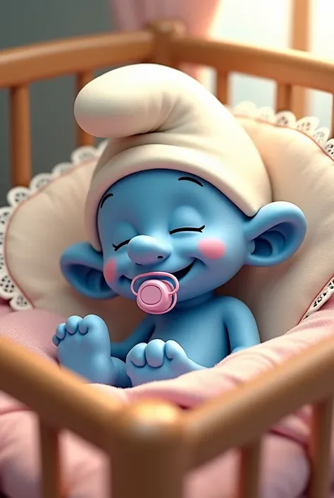 Cute Cartoon character "Smurfette" with pacifier in mouth. On the crib