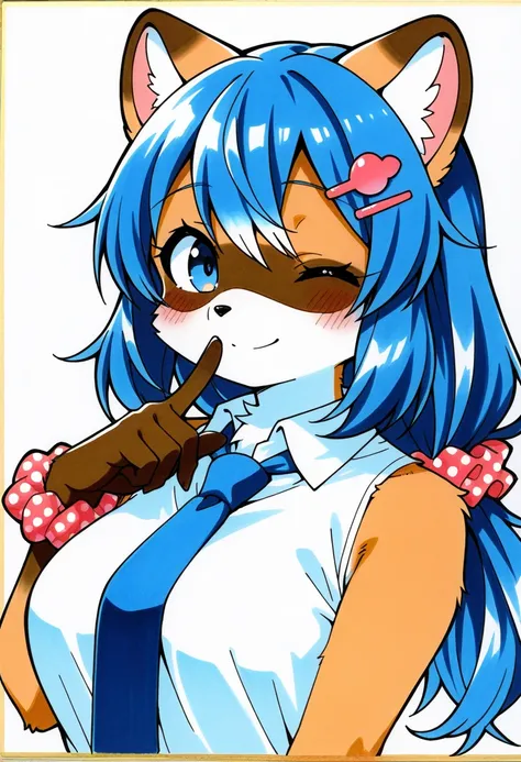 1girl, (furry, kemono:1.4), raccoon girl, animal nose, raccoon ears, solo, one eye closed, hair ornament, blue hair, blue eyes, traditional media, long hair, hairclip, smile, shirt, sleeveless, looking at viewer, wrist scrunchie, index finger raised, close...