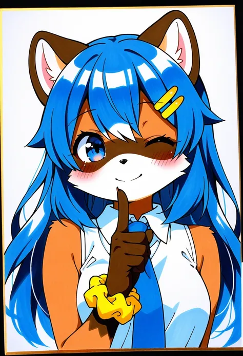 1girl, (furry, kemono:1.4), raccoon girl, animal nose, raccoon ears, solo, one eye closed, hair ornament, blue hair, blue eyes, traditional media, long hair, hairclip, smile, shirt, sleeveless, looking at viewer, wrist scrunchie, index finger raised, close...