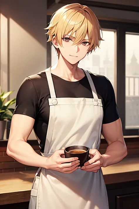  a male blond coffee shop work with brown eyes wearing an apron and visor