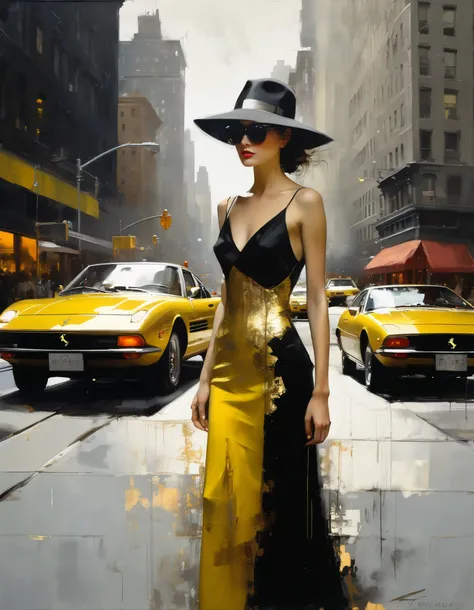 painting of a young man, WEARING SUNGLASSES AND ELEGANT HAT, with a BLACK, YELLOW and gold dress, (((city background, new york, street, black ferrari )))...erect posture, partially dressed. sexy painting, erect body, jeremy mann style, jeremy mann art, jer...