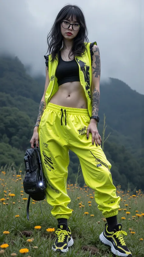 hyper-realistic，Colorful ，8k，Ultra Tall ， Ultra High Resolution ，Top to bottom shot ，panoramic， full body photo， looking at the camera ， a woman， beauty， Sleeveless Loose Low Bust Vest and Low Waist Loose Sweatpants， Yellow Black Sneakers ， Exposed Navel ，...