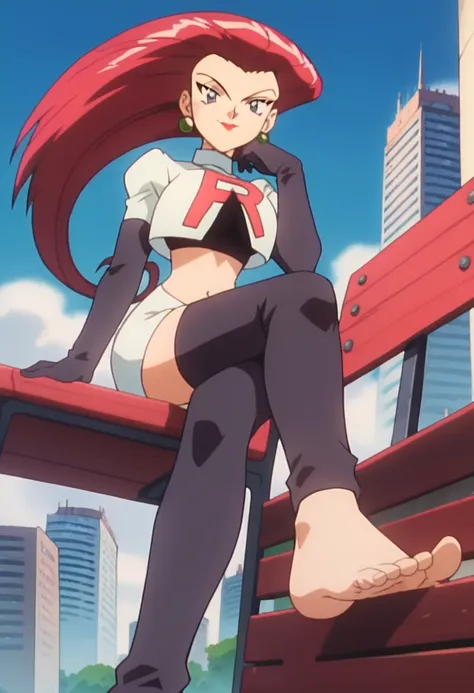 score_9, score_8_up, score_7_up, score_6_up, anime screencap, anime coloring, PMJessie, red hair, long hair, blue eyes, lipstick, earrings, 
team rocket uniform, cropped jacket, elbow gloves, navel, miniskirt, thighhighs,
sitting, bench, crossed legs, smil...