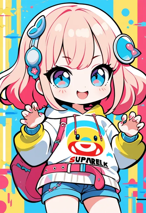 a cute chibi style,  1 girl,Alone, anime style,Claw Pose, vibrant colors, blue eyes, yellow and pink hair  , Stylish Outfit , Large Sweatshirt , bold graphic text, shorts, playful expression ,Ear Accessories,Colorful Belts , flat design ,red dot pattern ba...