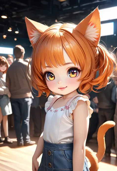 cute chibi style girl, 1girl, young female, very cute, petite, tight chest, denim skirt, orange hair, high quality background, bright mood, cat ears and tail, innocent smile, crowd, busy, detailed face, beautiful detailed eyes, beautiful detailed lips, ext...