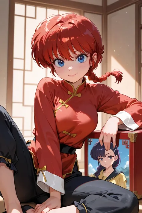 (Alone:1.3), a girl\(ranma,   the main character of the anime  \(ranma1/2\), beautiful,sexy, Braided   red hair face, Ojos rojos,    Chinese red clothing   ,   smiling,  ranma saotome , Braid,   red hair face, single Braid, Braided ponytail, Ojos rojos, pa...