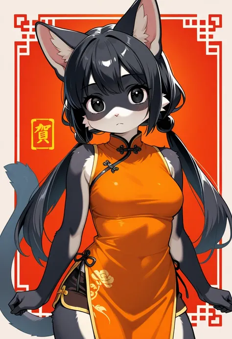 1girl, (furry, kemono:1.4), cat girl, animal nose, cat ears, cat tail, solo, twintails, black hair, orange shirt, chinese clothes, dress, shorts, china dress, black eyes, looking at viewer, sleeveless,