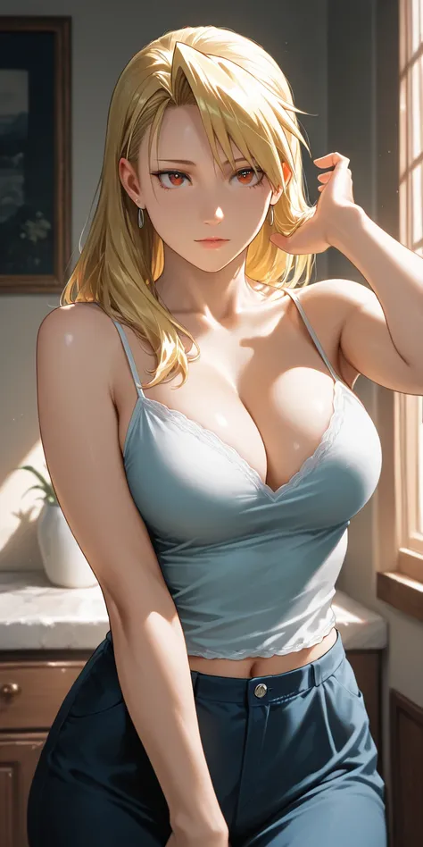 Masterpiece, newest, vibrant, very aesthetic, high contrast, mature woman, riza hawkeye, camisole, medium breast, upper body, home, best quality, semrealistic, cowboy shot, fullmetal alchemist anime style