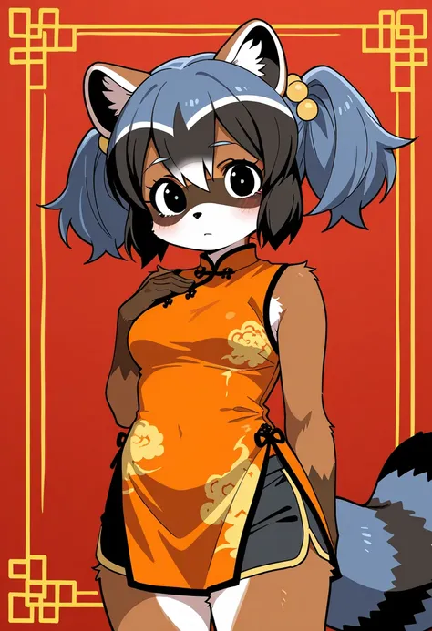 1girl, (furry, kemono:1.4), raccoon girl, animal nose, raccoon ears, raccoon tail, solo, twintails, black hair, orange shirt, chinese clothes, dress, shorts, china dress, black eyes, looking at viewer, sleeveless,