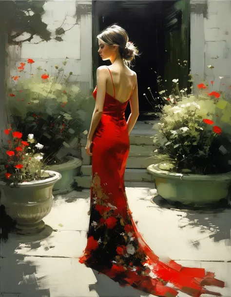 painting of a young girl, with a BLACK, WHITE, RED and gold dress, FLOWERING GARDEN,, PASSARLA,, WHITE HOUSE, BRONZE VASE. GREEN VASE, many flowers,,,,, erect posture, partially dressed. sexy painting, erect body, jeremy mann style, jeremy mann art, jeremy...