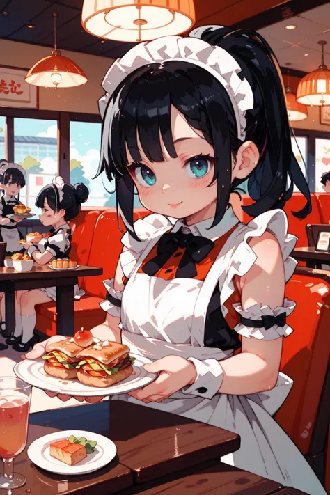  1 girl( very young)、 black hair、 waitress(Japanese maid)、Set meal restaurant、 standing、 and 