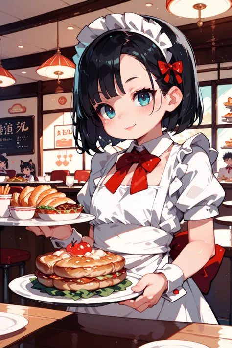  1 girl( very young)、 black hair、 waitress(Japanese maid)、Set meal restaurant、 standing、 and 