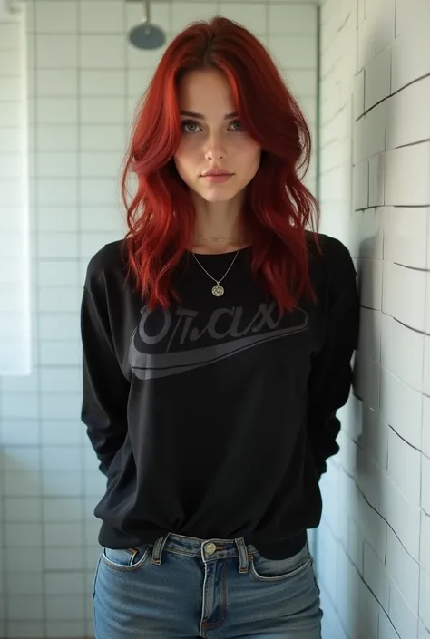 1 dark red haired women, jean shorts, black graphic long sleeve shirt, white bathroom, hands behind back