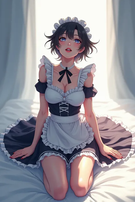 Toji Fushiguro on his knees in a maid outfit looking up at me