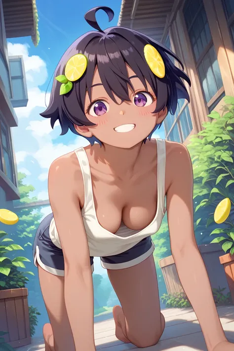  1girl  , alone, masterpiece,best quality, highres icon,highly detailed, yakishio lemon, lemon yakishio, short hair, black hair, hair between eyes, ahoge, lemon hair ornament, dark purple eyes, dark skin,  cleavage, flat chest, no bra,  soft smile, blush, ...