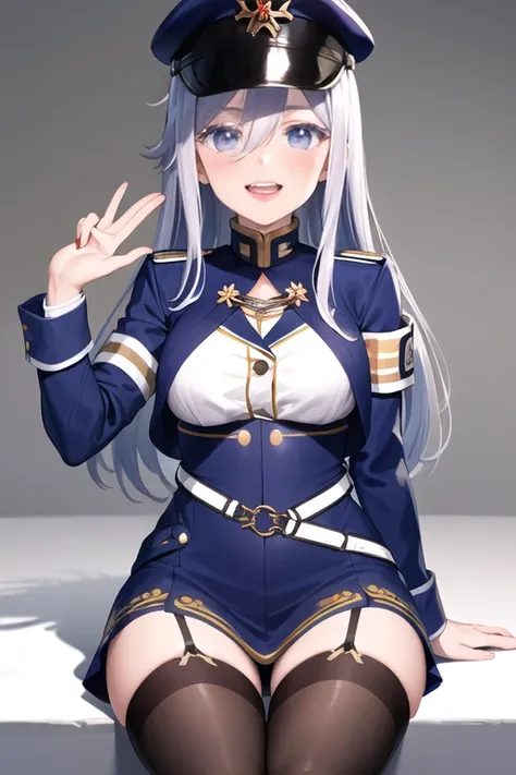 aalena, long hair, military hat, blue headwear, hair between eyes, medium breasts, military uniform, white shirt, blue jacket, armband, long sleeves, white belt, blue skirt, garter straps, white thighhighs, sexual ecstatic smile, fucked silly, vulgarity, f...