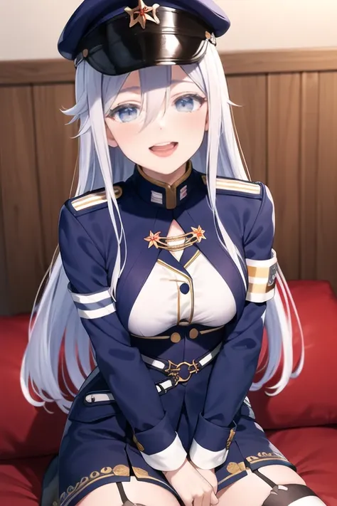 aalena, long hair, military hat, blue headwear, hair between eyes, medium breasts, military uniform, white shirt, blue jacket, armband, long sleeves, white belt, blue skirt, garter straps, white thighhighs, sexual ecstatic smile, fucked silly, vulgarity, f...