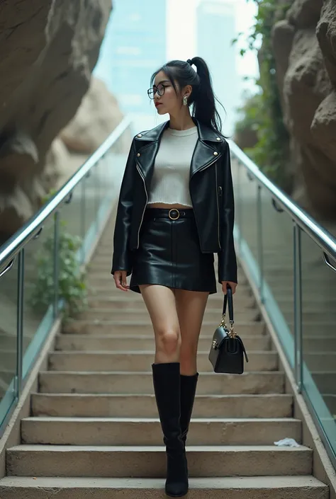 (( Masterpiece, Realistic,  top quality,  Extremely Delicate ,  super high resolution, 16k)), A staircase in the mall, A woman is walking down a rock level,  Asian, Chinese, Young Adolescence, Beautiful and cute , Glasses, Wear a white chunky top, black le...