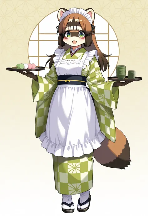 1girl, (furry, kemono:1.4), raccoon girl, animal nose, raccoon ears, raccoon tail, green eyes, long hair, open mouth, black hair, blunt bangs, brown hair, maid headdress, japanese clothes, maid, kimono, apron, frills, tabi, socks, sandals, wide sleeves, zo...