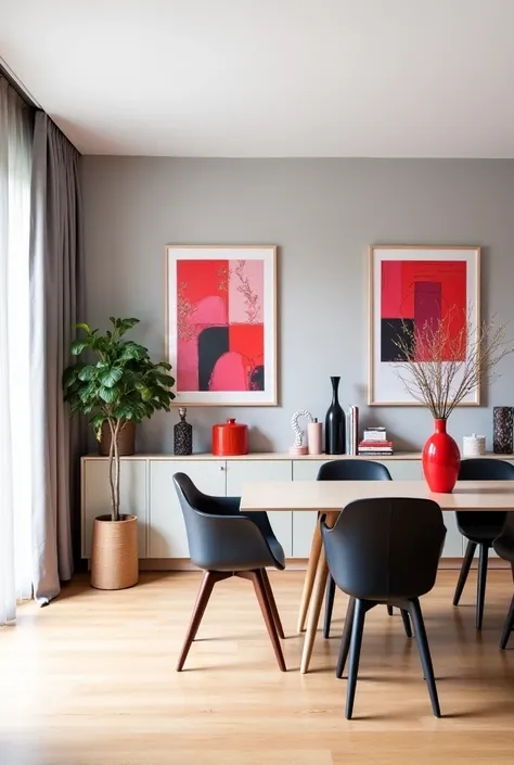 Contemporary dining room with an elegant color palette of light gray and light wood.  The floor is made of light oak wood ,  that is a warm and natural .  In the middle of the room is a stylish dining table with anthracite-colored chairs,  which form a mod...