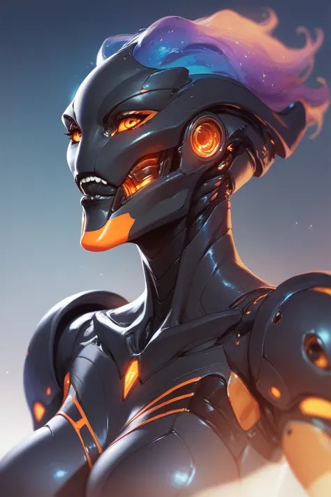 Robotic alien, orange eyes, black metal parts, galaxy in the background 