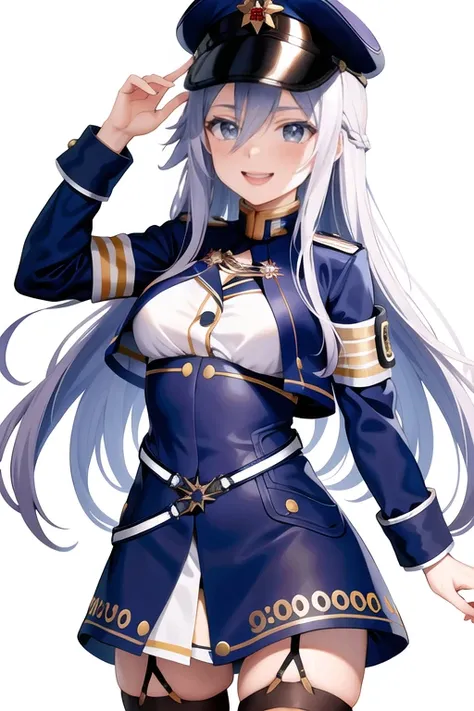 aalena, long hair, military hat, blue headwear, hair between eyes, medium breasts, military uniform, white shirt, blue jacket, armband, long sleeves, white belt, blue skirt, garter straps, white thighhighs,  standing, cowboy shot, sexual ecstatic smile, fu...