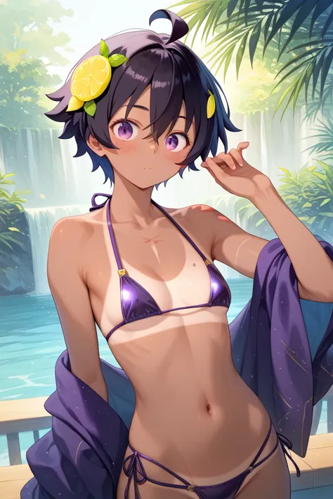  1girl  , alone, masterpiece,best quality, highres icon,highly detailed, yakishio lemon, lemon yakishio, short hair, black hair, hair between eyes, ahoge, lemon hair ornament, dark purple eyes, dark skin,  cleavage, flat chest, embarrassing expression,blus...