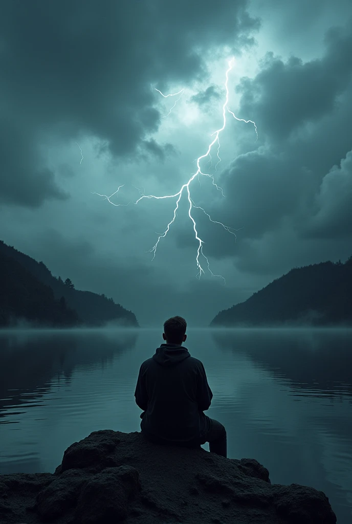 Sad guy looking at black clouds, the sky is bright and thunder light is in clouds,the surrounding are very dark, the guy is sitting on rock near lake, make realistic illusion photo
