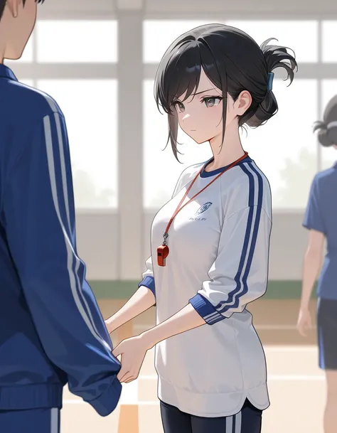 Masterpiece, top quality ,  latest , safe,  beautiful woman, black hair, adult-like hairstyle ,folded hair,adult, serious expression,Roll up your sleeves, Sports,Physical education teacher clothes,clavicle, jerseys,Whistle