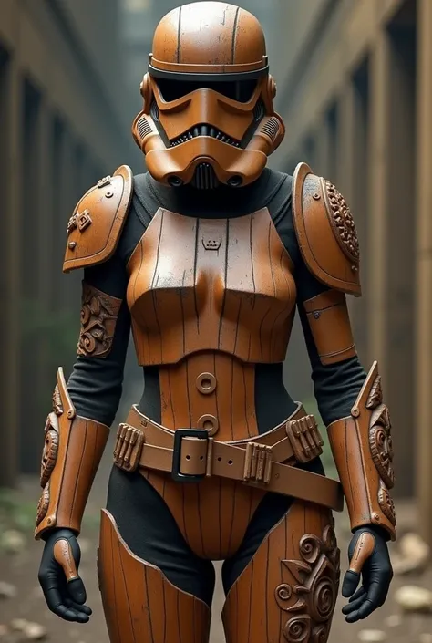 Sexy female stormtrooper (Star Wars), armored leotard, wearing wood helmet, wood armor