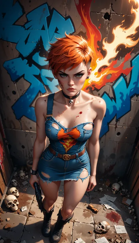 masterpiece,best quality, highly detailed, score_9, score_8_up, score_7_up, score_6_up, source_cartoon,
 BREAK
1girl, fiery-red pixie cut, (medium breasts, perky), ripped denim mini dress (one strap torn), combat boots, standing in abandoned warehouse
BREA...