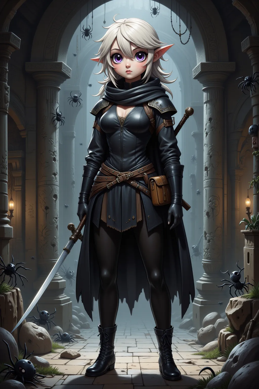 sexy elven thief (female, lanky, gorgeous, perky breasts, skin tight black leather thief outfit (sexy), belly exposed, confident, ankle boots, tool pouch on her belt, short sword, violet eyes, platinum blonde hair), she is in a high fantasy adventure dunge...