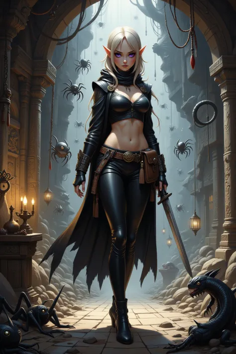 sexy elven thief (female, lanky, gorgeous, perky breasts, skin tight black leather thief outfit (sexy), belly exposed, confident, ankle boots, tool pouch on her belt, short sword, violet eyes, platinum blonde hair), she is in a high fantasy adventure dunge...